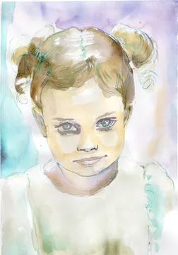 Handgemaltes Aquarellportrait eines Kindes nach Foto mit zarten Pastellfarben.