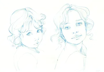Zartes Bleistiftportrait von zwei Personen nach Foto in blauer Linie.