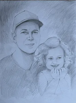 Handgezeichnetes Bleistiftportrait von zwei Personen nach Fotovorlage.