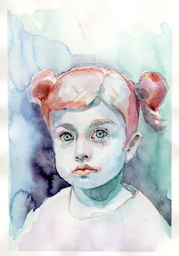 Aquarellportrait eines Kindes nach Foto mit blau-grünem Hintergrund.