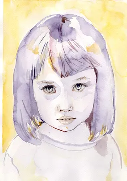 Aquarellportrait eines Kindes mit gelbem Hintergrund nach Foto.