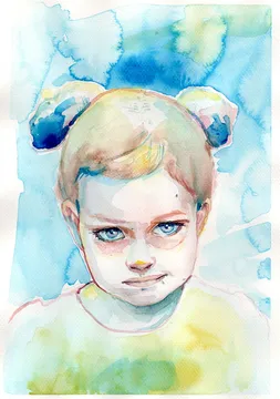Aquarellportrait eines Kindes mit blauem Hintergrund nach Foto.