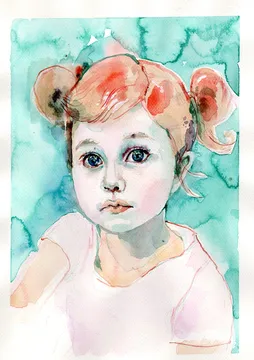 Handgemaltes Aquarellportrait eines Kindes mit türkisfarbenem Hintergrund.